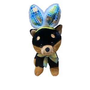 Easter Black Puppy Dog with Green Bunny Rabbit Ears Plush Stuffed Animal Toy